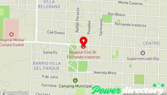 mapa de Hospital Provincial Dr. Fernando Irastorza y centro oncologíco Anna Rocca de Bonatti Hospital especializado, Médico en Curuzú Cuatiá